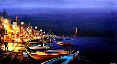 Saatchi Art Artist Samiran Sarkar; Paintings, “Night Varanasi Ghats” #art