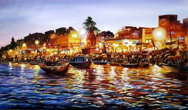 Saatchi Art Artist Samiran Sarkar; Paintings, “Beauty Of Evening Varanasi Ghats” #art