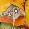 I  like to look at a white canvas  and to plan what I  am going to 
create. All my works are fantasy, in this can be seen a number of people with funny  faces, eyes, lines etc.  it is the  way I express myself. They are having a nice time, and enjoying it.