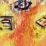Composition executed with acrylic, the painitng depicts small children who are just learning to speak using the word " semos" instead of "somos". from there the title.