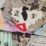 Composition executed on paper with wax, pieces of news paper, cardboar,permanent marker depicting a joung man.