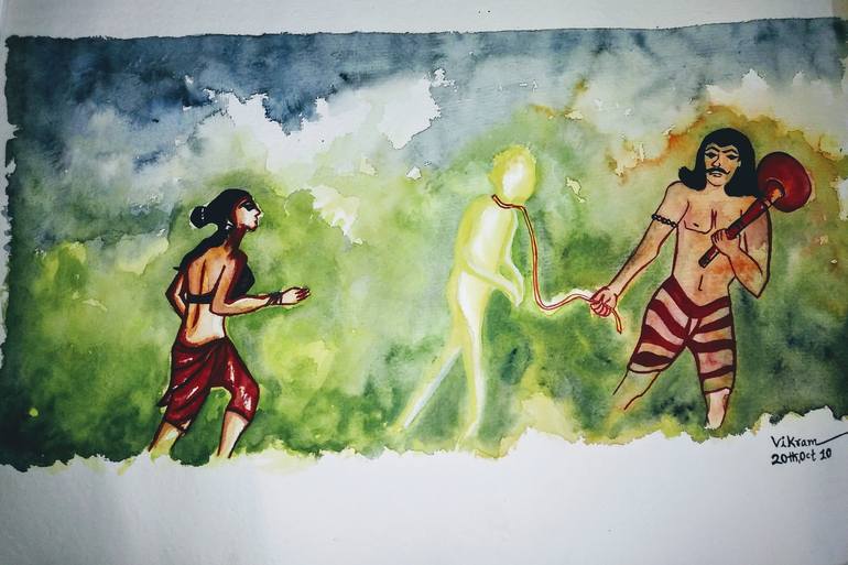 The story of Savitri dealing with Yama to rescue Satyavan. - Print
