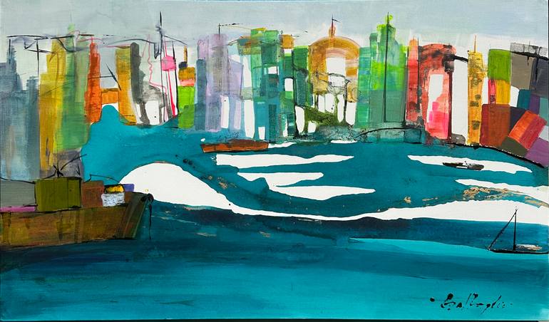 Original Architecture Painting by Gisela Gaffoglio | Abstract Art on Canvas | LA CIUDAD Y SUS MAREAS ( THE CITY AND ITS TIDES)