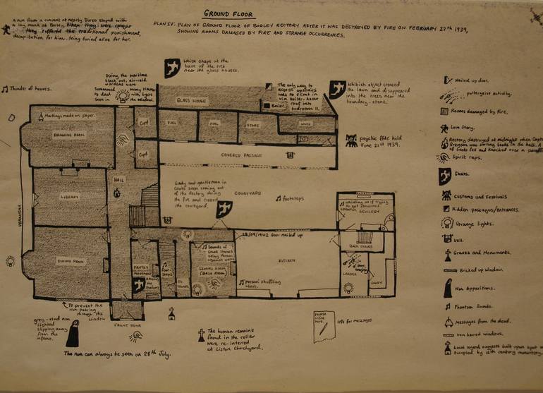 Ground Floor, Plan II: Plan of Ground Floor of Borley Rectory, Showing Area of New Wing, Cellars, ETC., And Where the Wall Messages Appeared. - Print