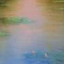 An original oil painting.  Reflections of evening light on a still waterlily pond.
Framed in a wooded box floating frame, hand painted.
