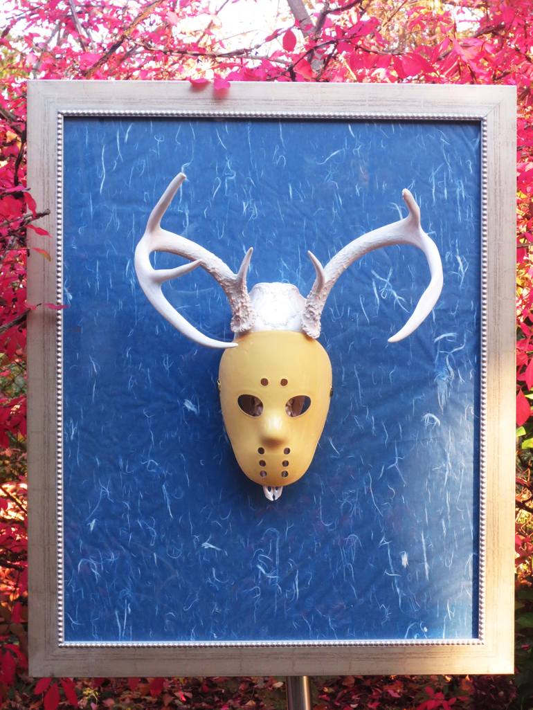 Defense of the Species 4 - Lustrous White Pearl Adirondack Deer w Yellow Hockey Mask mounted on plexi over Japanese Rice paper - Print