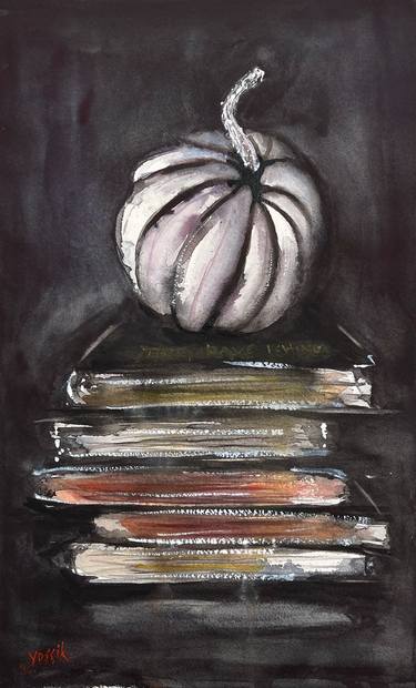 pumpkin on a pile of books thumb
