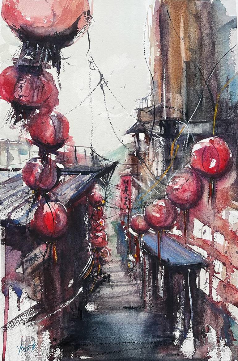 a street with a red lights for a good luck Original Painting by yossi kotler