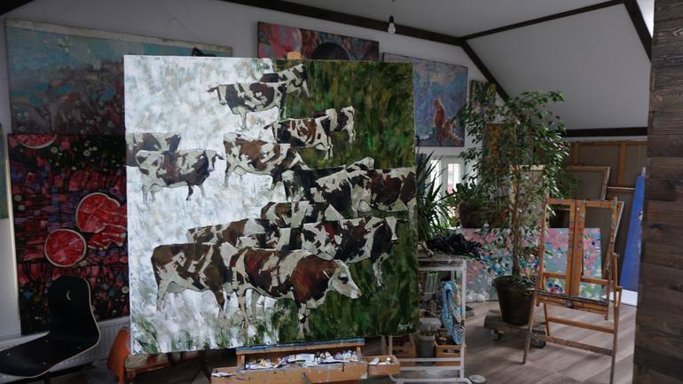 Original Expressionism Cows Painting by Anastasiia Kraineva