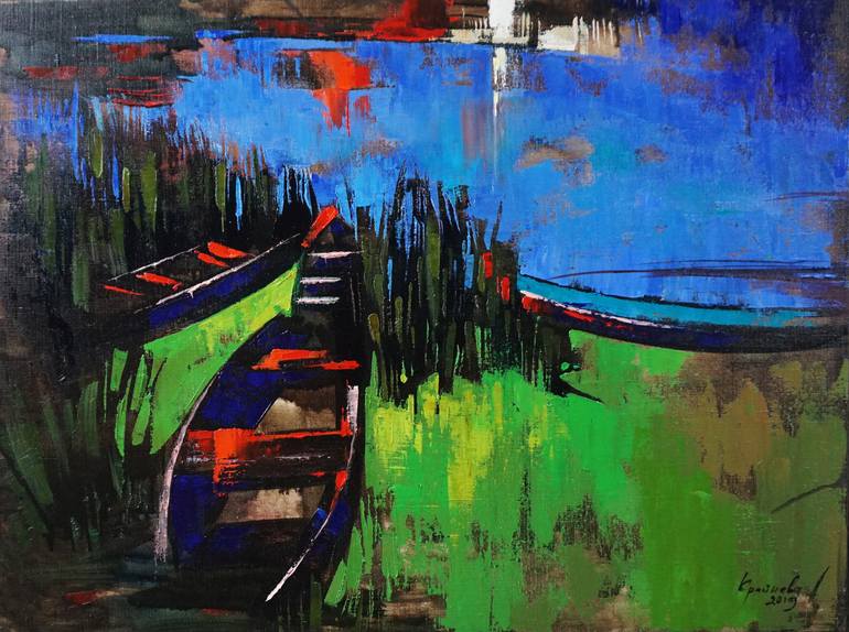 Original Abstract Expressionism Boat Painting by Anastasiia Kraineva