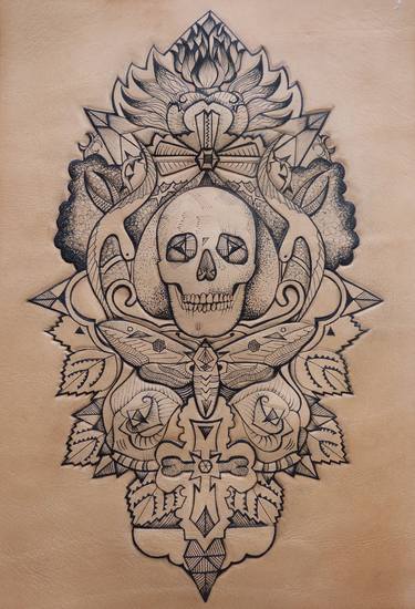Skull & Moth Tattooed leather art thumb