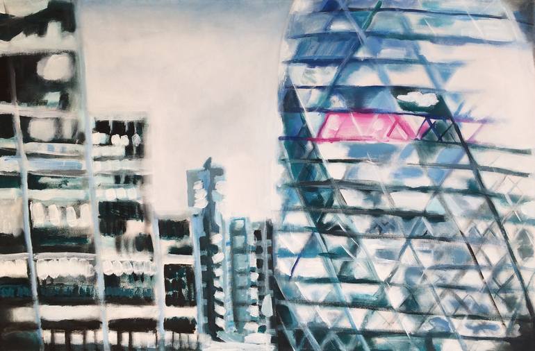 Original Architecture Painting by Julia Abele | Figurative Art on Canvas | London City (Gherkin and other buildings)