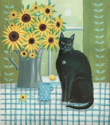 Black Cat with Sunflowers thumb