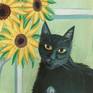 Lucky the lively young black cat on the kitchen table with a jug of sunflowers. He sits in front of the window on a blue checked tablecloth and next to a blue mug with white dots.
Mounted onto white board.