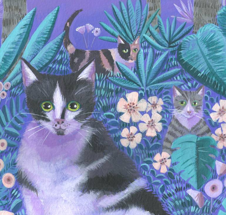 Original Folk Cats Painting by Mary Stubberfield