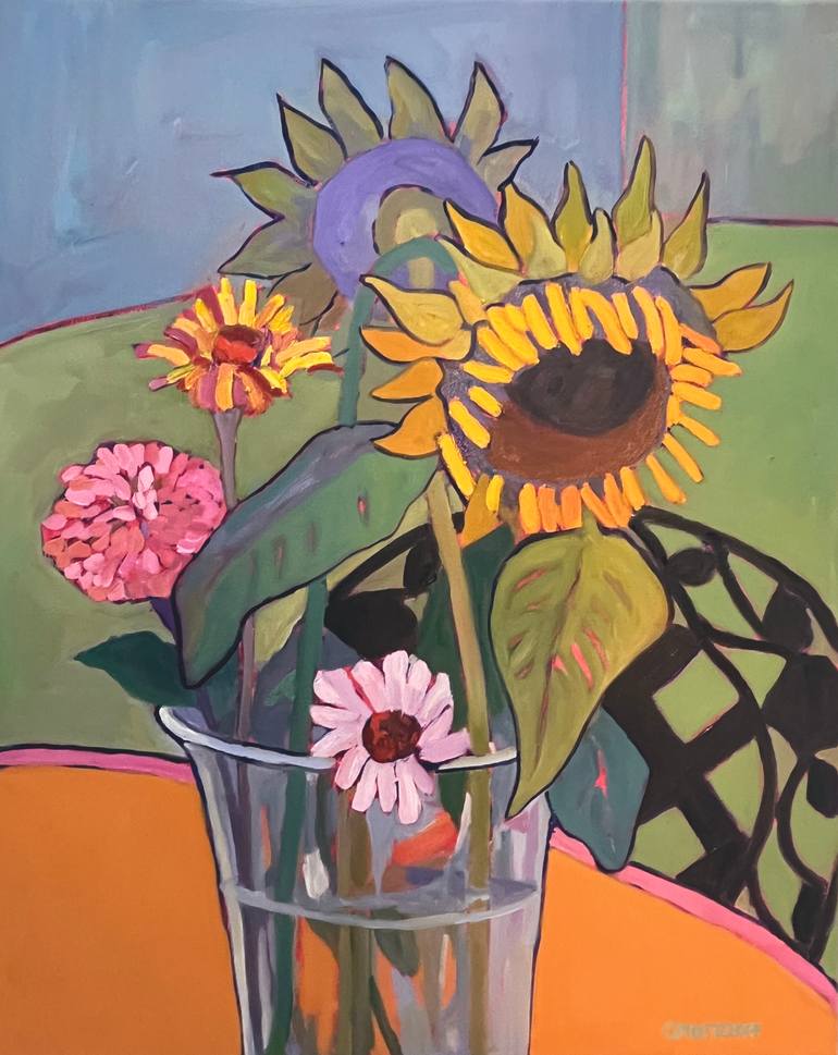 Original Still Life Painting by Catherine J Martzloff | Contemporary Art on Canvas | The Way Sunflowers Lean