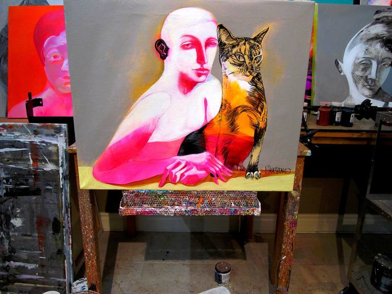 Original Figurative Cats Painting by Victor Tkachenko