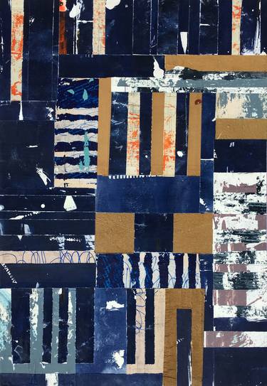 Intercoastal - stripes-cyanotype-blue-collage-painting-accent-wall-art thumb