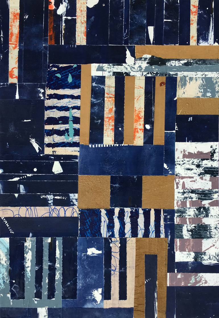 Intercoastal - stripes-cyanotype-blue-collage-painting-accent-wall-art