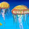 I was inspired by the colorfulness of the underwater world. Water has many shades of blue and to make a color harmony I chose jellyfishes with their vibrant colors for the contrast.