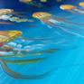 I was inspired by the colorfulness of the underwater world. Water has many shades of blue and to make a color harmony I chose jellyfishes with their vibrant colors for the contrast.