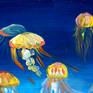 I was inspired by the colorfulness of the underwater world. Water has many shades of blue and to make a color harmony I chose jellyfishes with their vibrant colors for the contrast.