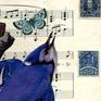 A collage on a cradled light weight wooden panel, created with vintage sheet music, maps, stamps and illustrations. The blue jay is  an illustration by Audubon.