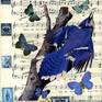 A collage on a cradled light weight wooden panel, created with vintage sheet music, maps, stamps and illustrations. The blue jay is  an illustration by Audubon.