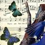 A collage on a cradled light weight wooden panel, created with vintage sheet music, maps, stamps and illustrations. The blue jay is  an illustration by Audubon.