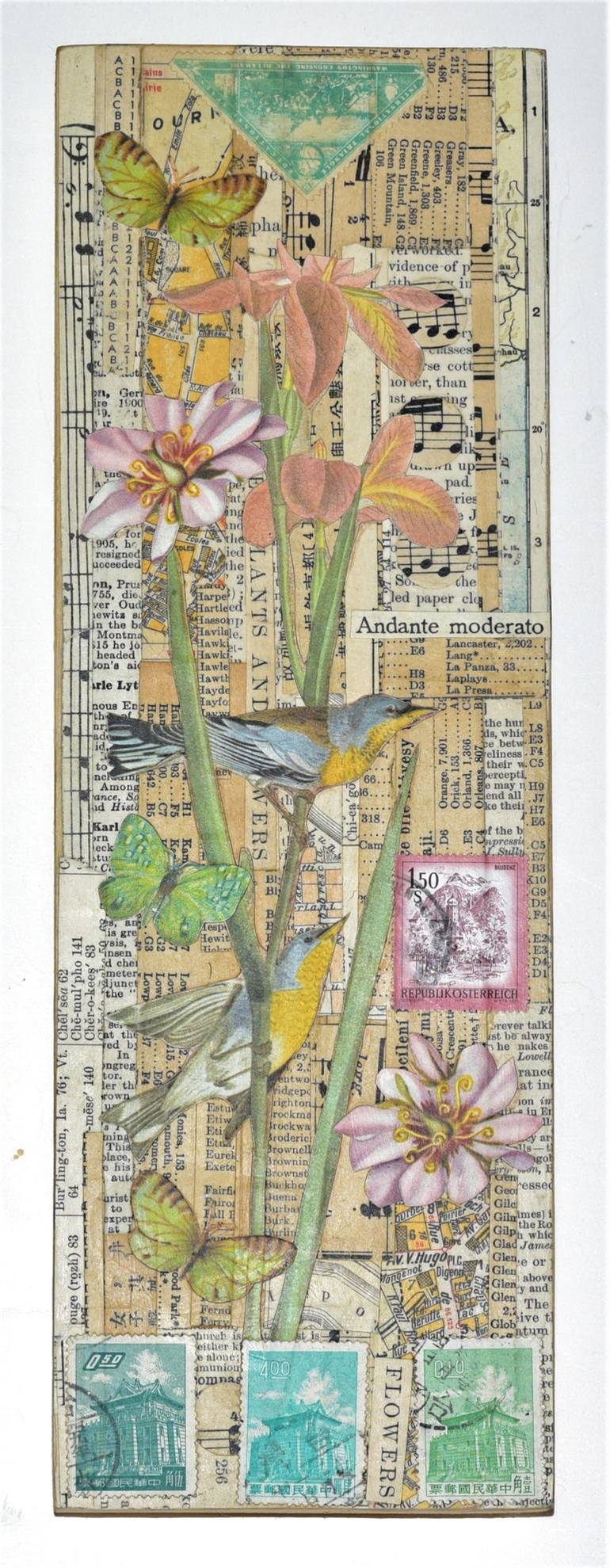 Original Animal Collage by Thomas Terceira | Illustration Art on Paper | Blue Bird and Pink Flowers