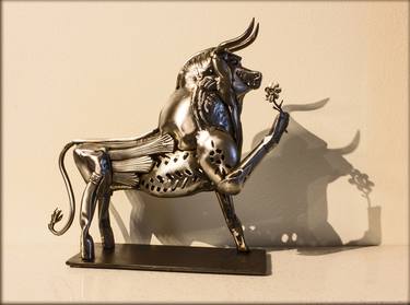 Ferdinand the Bull Stainless Steel Sculpture ~ Not a casting, one of a kind direct sculpture. thumb