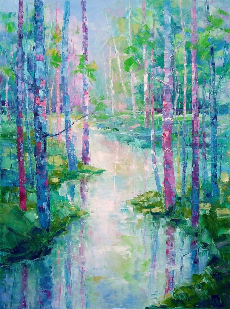 Original Landscape Painting by Emilia Milcheva | Expressionism Art on Canvas | SPRING IS SPEAKING IN BLUE AND PINK