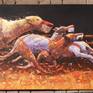 Acrylic painting on wood panel of a greyhound race. What inspires me in this artwork is the power of color joined together with the strong scene of these greyhound struggling for the victory. An image that makes us think also about human condition.