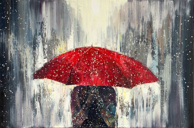 'Red Umbrella Rain' Painting by Ewa Czarniecka Saatchi Art