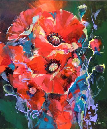 Red poppies floral original painting by G.Bukova thumb
