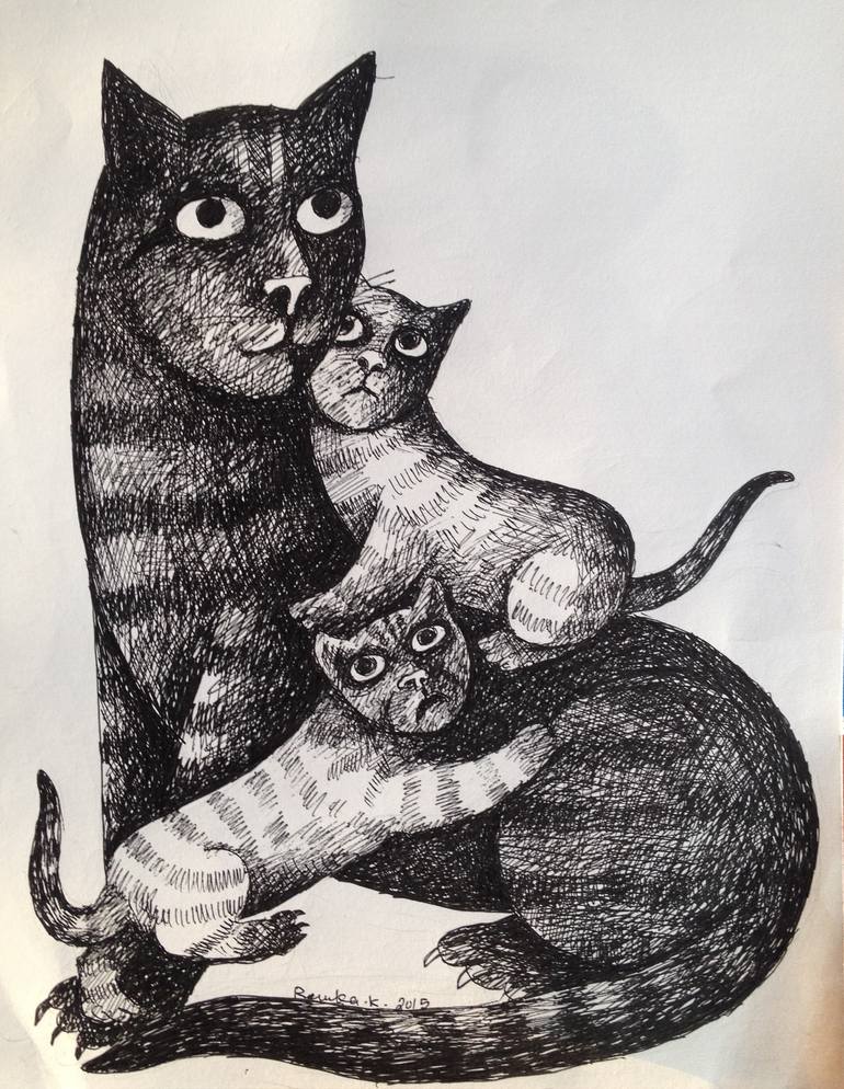 cat family Drawing by Renuka Ke | Saatchi Art