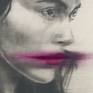 Portrait of a young woman.
Painted cold grey, Carmine red at mouth.
Oil on canvas