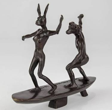 Surfers, together on a wave (Bronze Sculpture, Pocket Size) thumb