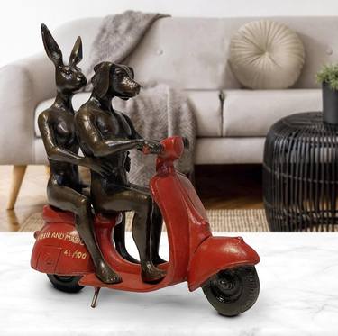 They were the authentic vespa riders in Rome (Bronze Sculpture) thumb