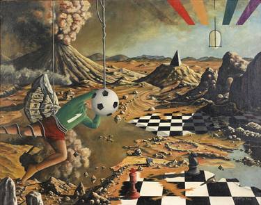 Chessboard painting with flying objects thumb