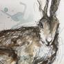 Loose expressive drawing of a Jackrabbit. Ink, paint, some natural pigments of coffee and blue butterfly pea tea.