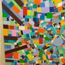 It is an abstract reflecting our times in a statement piece that is large in scale and bold in color.