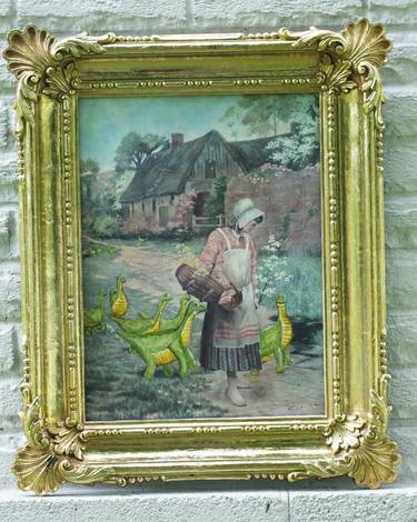 Altered Thrift Store Painting Dino Farm thumb