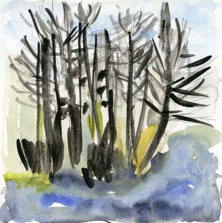 Original Landscape Drawing by Gabriele Maurus | Abstract Art on Paper | Trees at the Lake