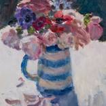 Roses and Anemones in Striped Jug by Lynne Cartlidge RCA