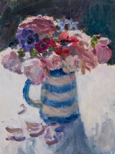 Roses and Anemones in Striped Jug thumb