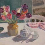 Tulips with a Teapot and Pink Cloth by Lynne Cartlidge RCA