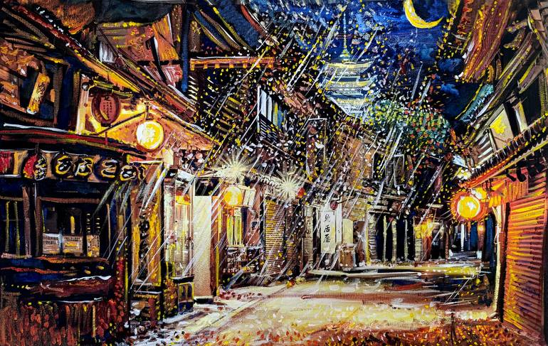 Original Architecture Painting by Alex Solodov | Abstract Art on Canvas | Crescent Moon and First Snow Kyoto