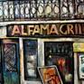 Acrylic painting, cityscape view on vintage cafe grill in Alfama, famous old district of Lisbon. In expressionism style.