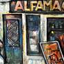 Acrylic painting, cityscape view on vintage cafe grill in Alfama, famous old district of Lisbon. In expressionism style.